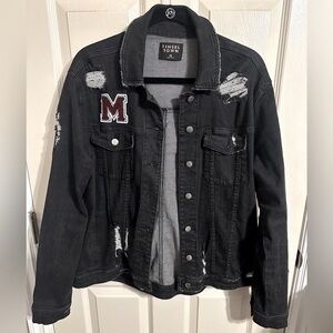 Tinseltown Distressed Button Up Jean Jacket with Red M Patch, Black, Size M